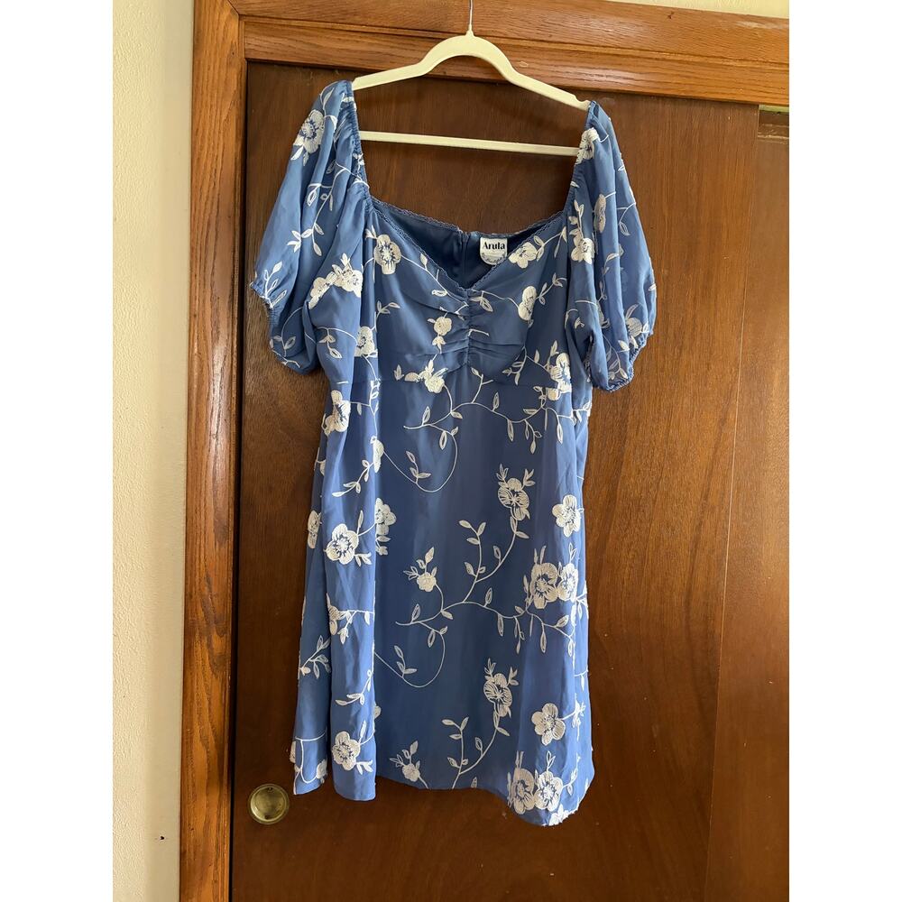 Arula Blue Embroidered Floral Puff Sleeve Mini Dress 2X NWT